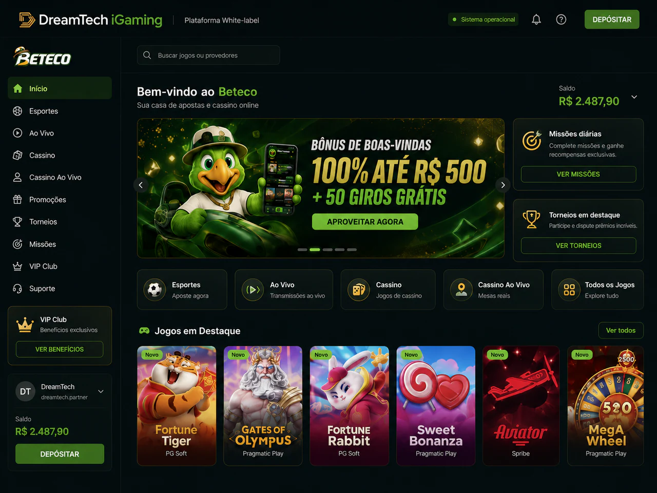 Prévia da interface iGaming DreamTech com catálogo de jogos e navegação.